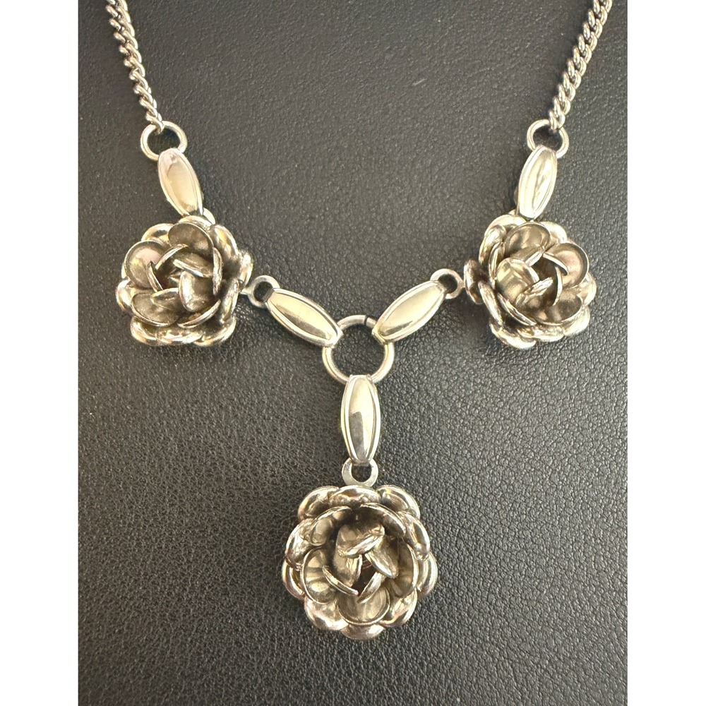 Vintage Y Drop Flower Necklace Silver Tone Triple Rose Floral